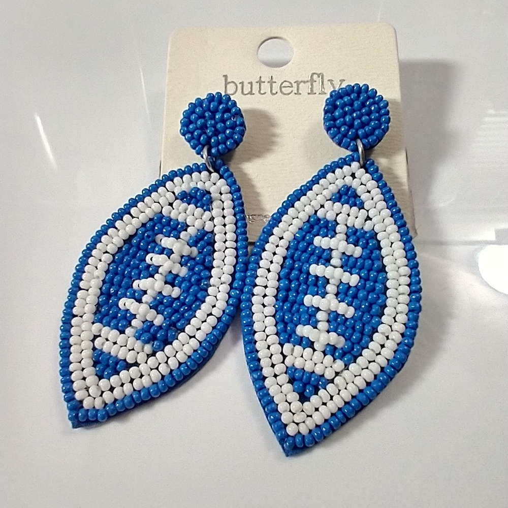 Butterfly Blue and White Seed Bead Earrings Football Design